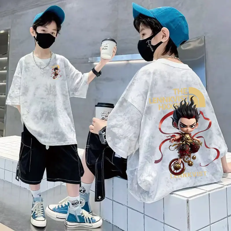 2026新款韩版男童宽松短袖T恤纯棉夏季儿童哪吒扎染男孩卡通衣服