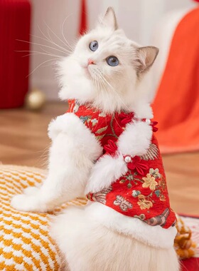 嬉皮狗宠物唐装喜上眉梢新年可牵引秋冬季保暖成幼猫马甲猫咪衣服