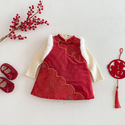 女童夹棉拜年服fanny冬季宝宝复古加厚连衣裙儿童中国风背心裙