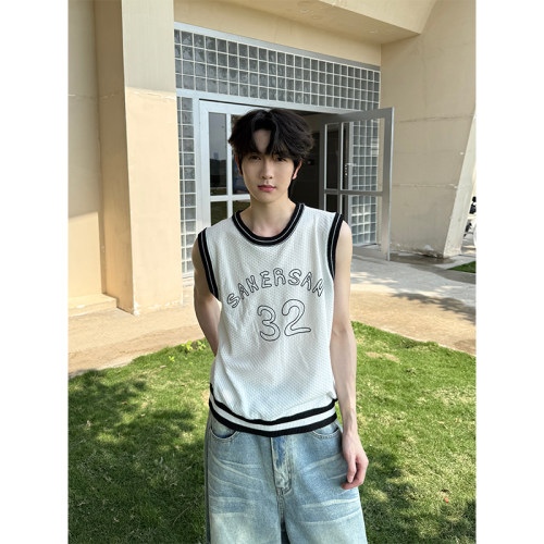 叁贰叁 撞色运动背心男夏季无袖针织马甲宽松条纹字母印花上衣