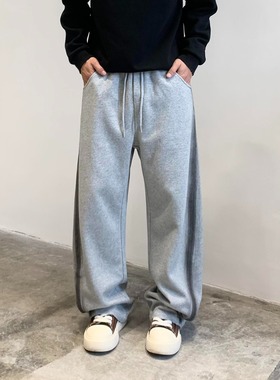 春秋新款侧条纹设计垂感灰色休闲弯刀裤男宽松百搭重磅直筒裤子