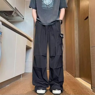 男夏季 薄款 飄帶垂感冰絲工裝 褶皺多口袋寬松拖地休閑褲 傘兵褲 美式