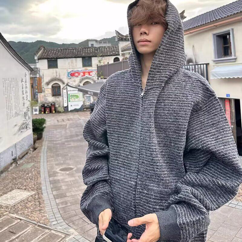 美式潮牌复古条纹连帽设计卫衣休闲外套早春时尚流行百搭男装上衣