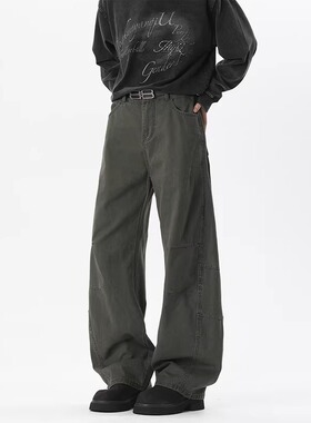 新款水洗军绿色拼接工装弯刀裤美式高街时尚直筒长裤宽松休闲裤男