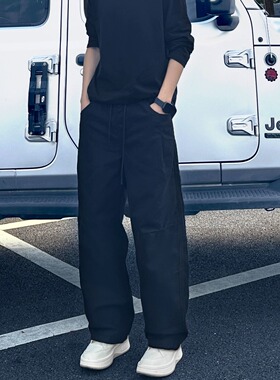 美式军绿色弯刀裤子男新款复古拼接工装裤垂感宽松直筒休闲长裤