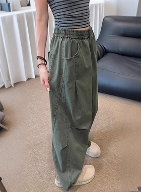 新款军绿色弯刀工装裤子中性风水洗棉裤子百搭宽松直筒休闲长裤