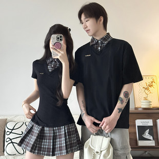 纹拼接假两件Polo领连衣裙显瘦短袖 一裙一衣学院风格 潮 情侣装 法式