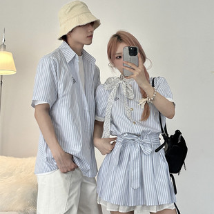 2026新款 连衣裙条纹短袖 夏季 学院风衬衫 一裙一衣设计感法式 情侣装