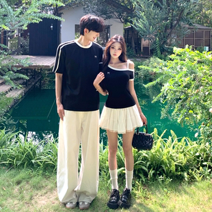 情侣装夏装短袖一长一短ins设计感韩系一整套穿搭显瘦斜领上衣潮