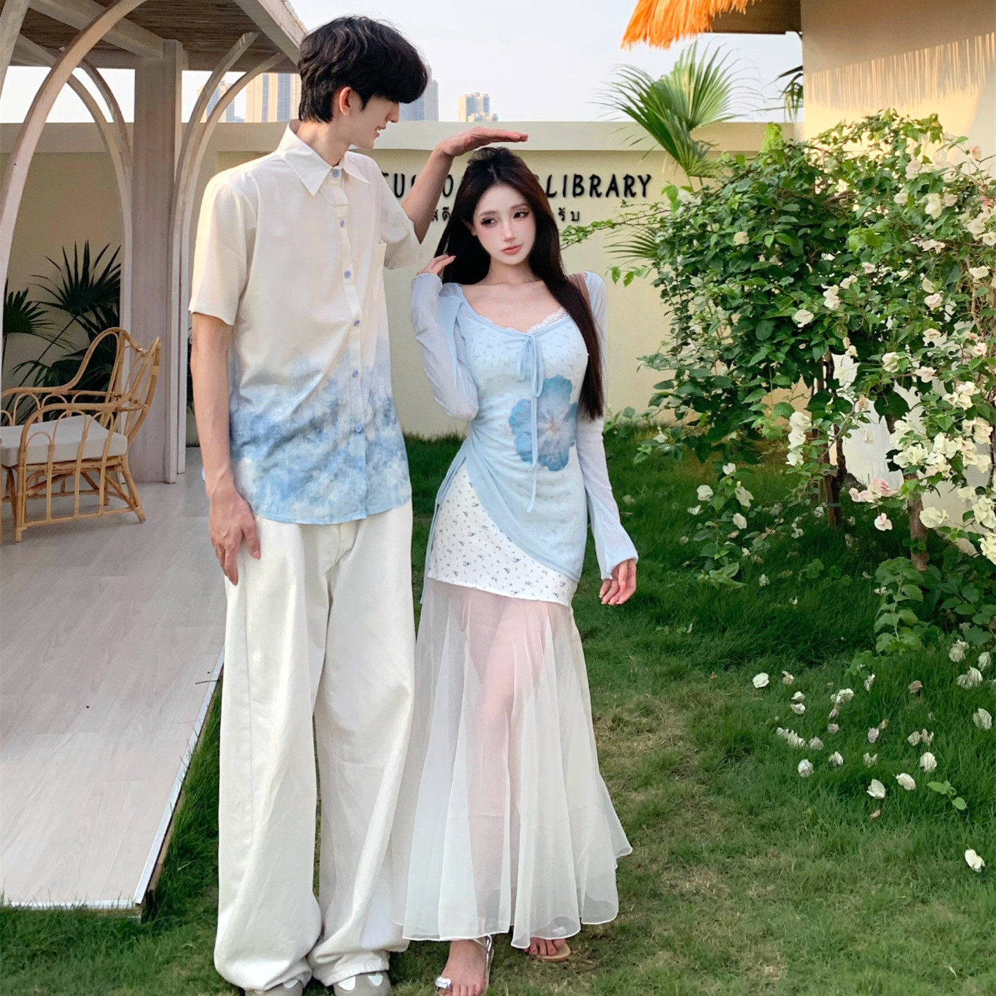 情侣装夏季高级感法式温柔风蕾丝吊带裙两件套海边旅游度假衬衫潮