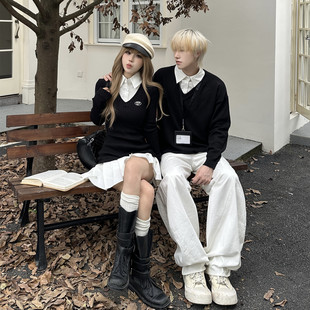 情侣装一裙一衣ins设计感小众Polo领针织连衣裙韩版显瘦学院风潮