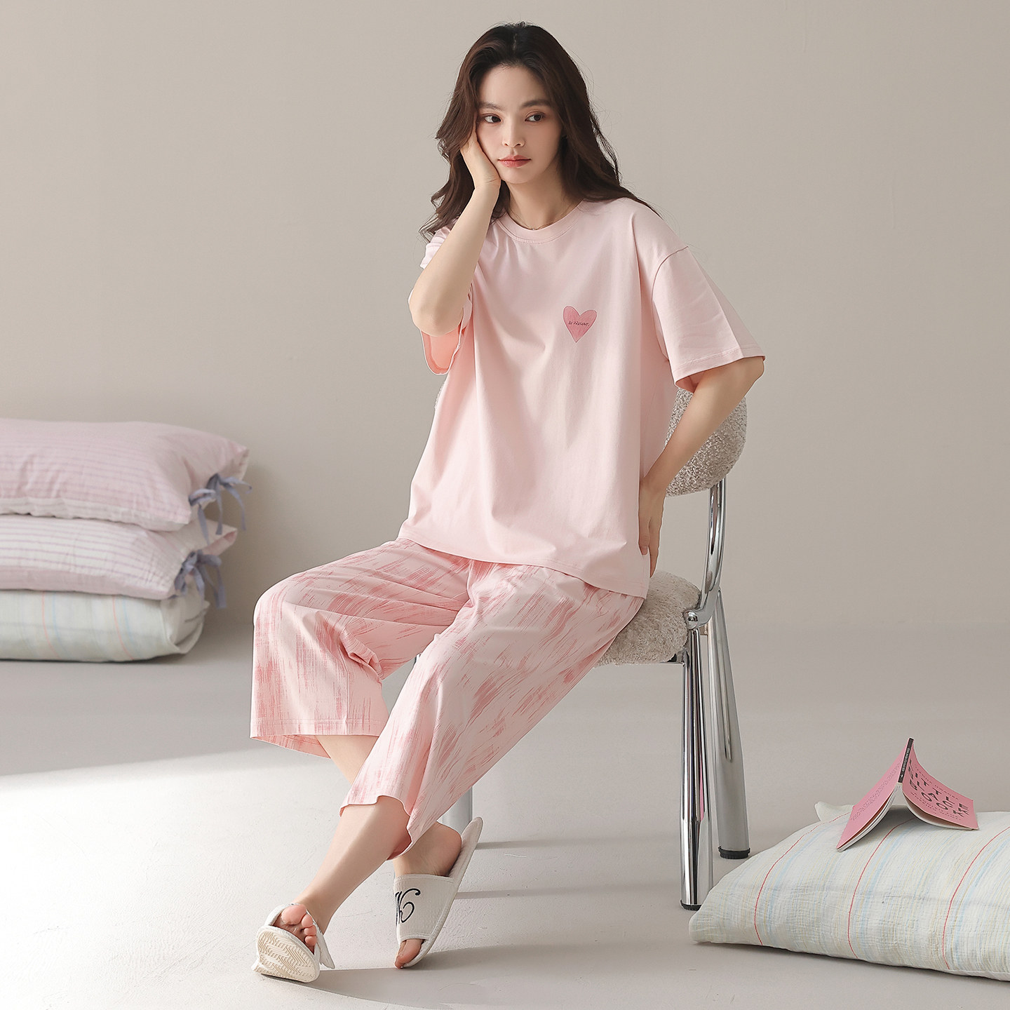 睡衣女夏薄款莱卡棉短袖七分裤休闲凉感女家居服夏季爱心宽松套装