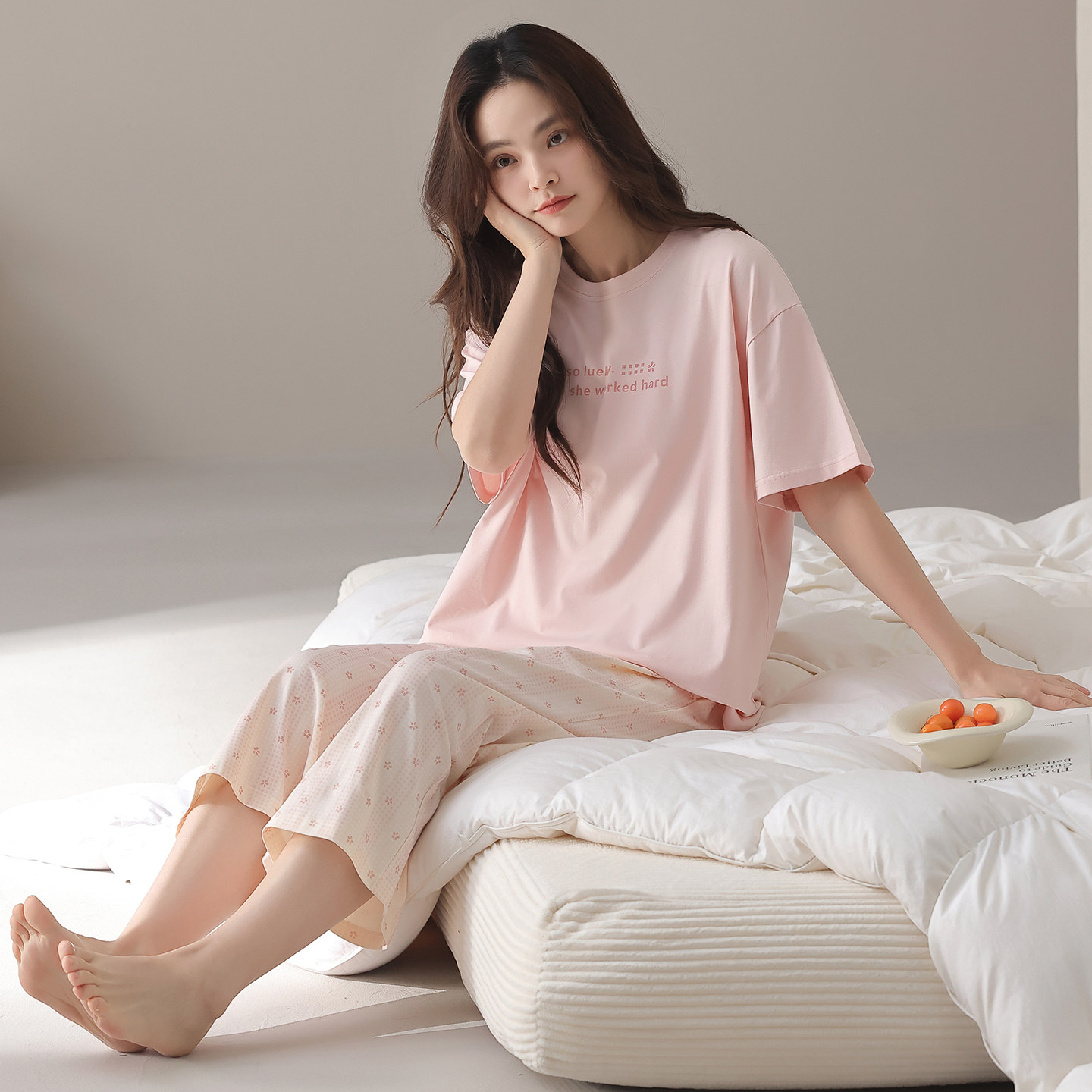 睡衣女夏薄款莱卡棉短袖七分裤休闲凉感女家居服夏季宽松大码套装