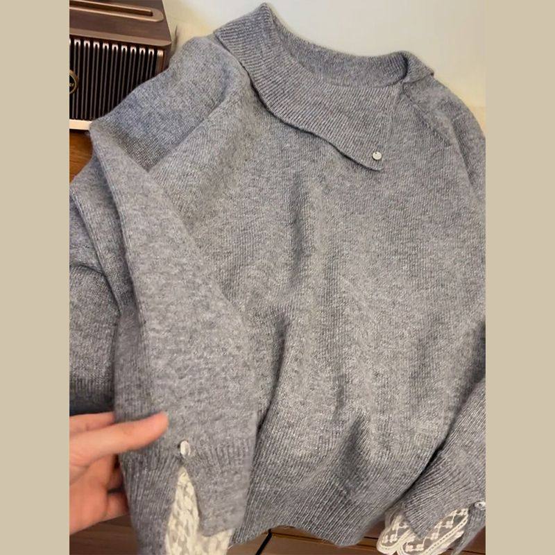 高级感蕾丝边软糯设计感翻领毛衣2025秋冬季新款气质针织打底衫女,女装/女士精品,毛针织衫,淘宝优惠券,粉丝福利购,淘宝优惠卷