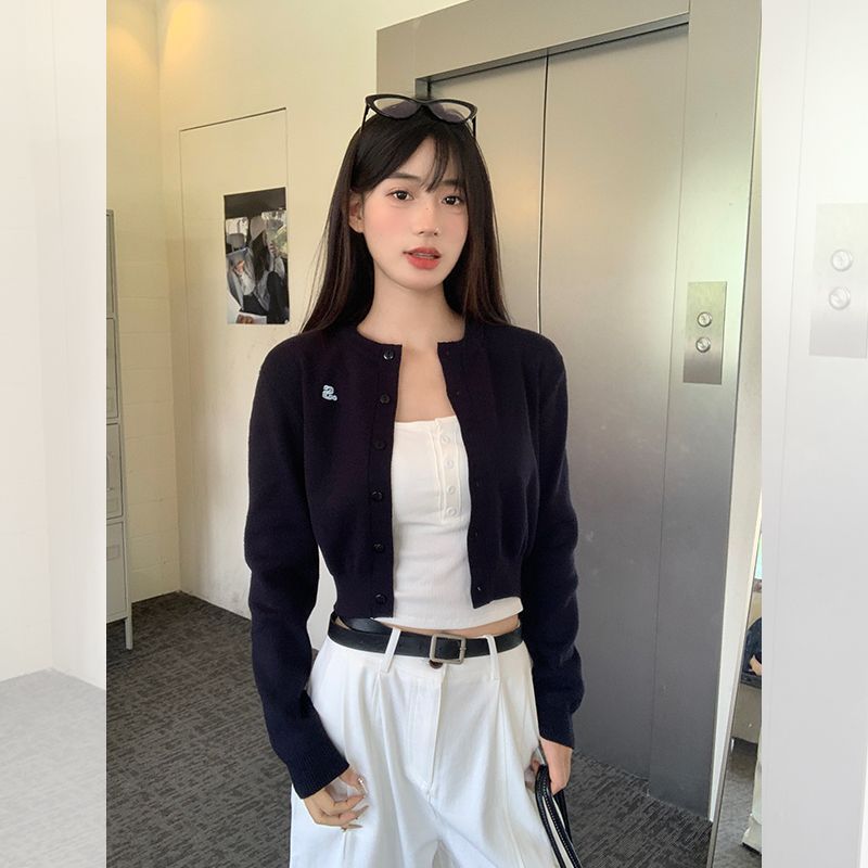 黄色短款针织开衫外套女春季新款圆领绣花毛衣外搭高级慵懒风上衣