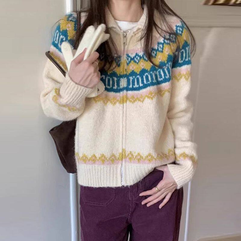 复古费尔岛2025提花针织衫外套女休闲慵懒风宽松显示百搭上衣