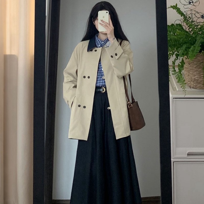 韩版撞色拼接风衣女秋季2025年新款小个子慵懒风时尚休闲百搭外套,女装/女士精品,风衣,淘宝优惠券,粉丝福利购,淘宝优惠卷