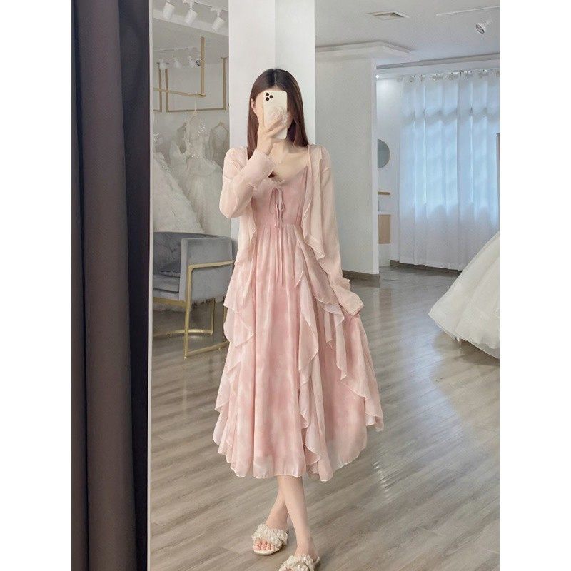 十三行粉色碎花温柔风吊带裙开衫两件套仙女连衣裙女夏季裙子套装