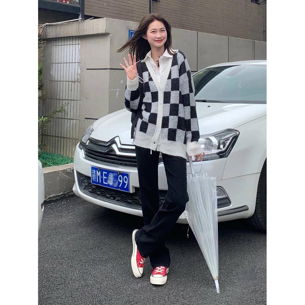 VVKTHREE裤12 秋季新款高直筒牛仔裤窄版高弹力黑腰色子拖地显瘦