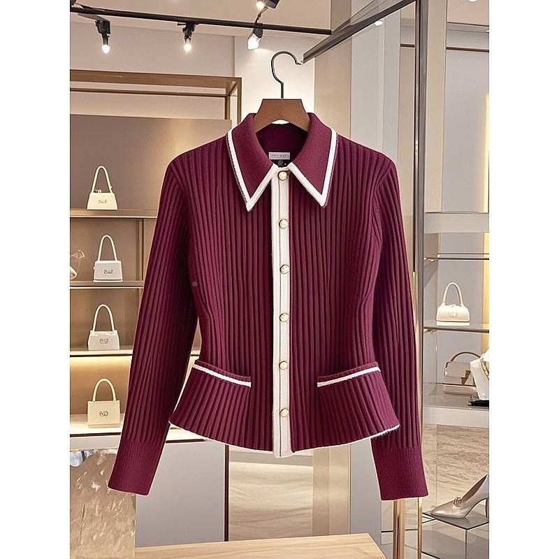 本毛秋季酒红色polo领针织开衫女香款命年气质高xtx24092端小风衣