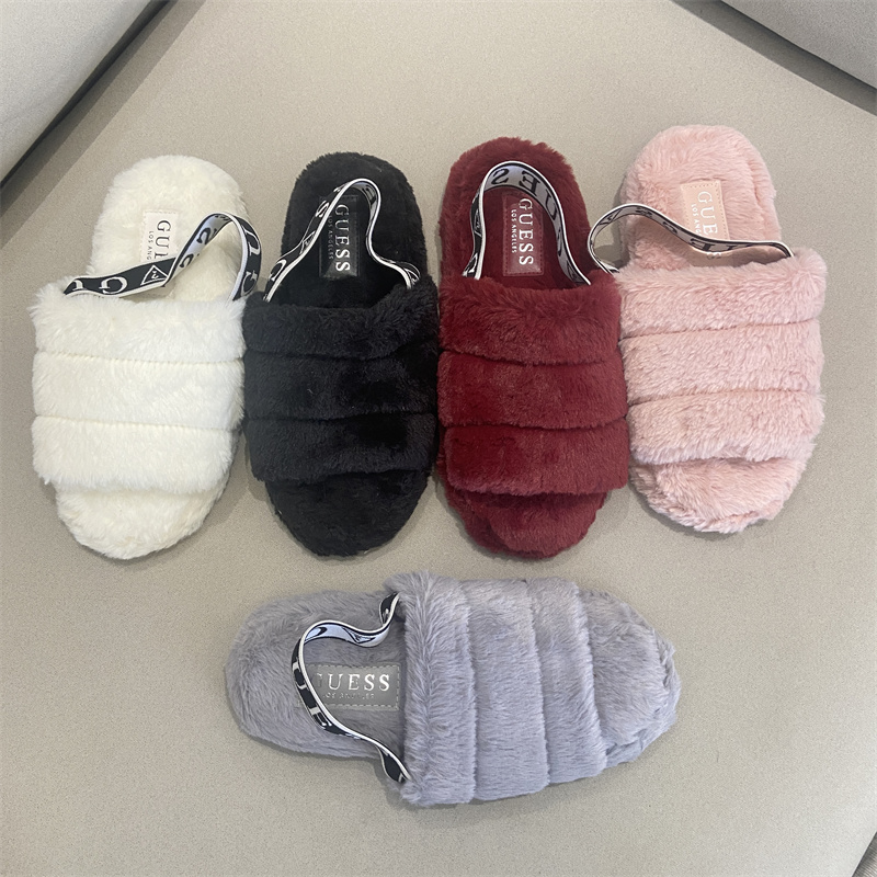 外贸单 秋冬时尚居家毛毛厚底凉鞋露趾弹力后绊带女鞋毛绒拖鞋