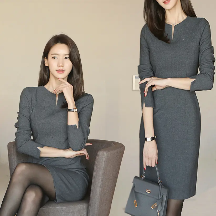6008职业灰色长袖工作服美容院前台正装连衣裙-标价不得低于198
