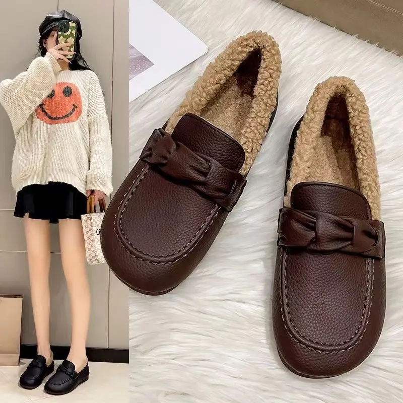 豆豆鞋冬季加绒2023新款女鞋秋冬软底舒适妈妈平底皮鞋保暖棉鞋