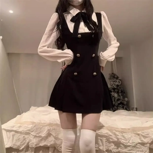 秋季 背带假两件连衣裙子女 2024年新款 女富家千金甜美收腰显瘦法式