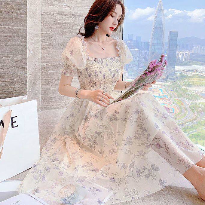 复古温柔风法式水墨画泡泡袖连衣裙女2026夏季新款显瘦雪纺度假风
