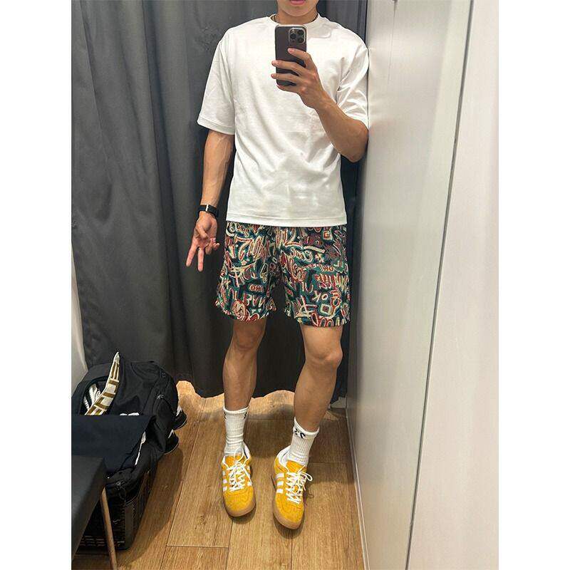 沙滩短裤印花大花男中式夏季裤衩新款民族风设计感新五分裤休闲潮