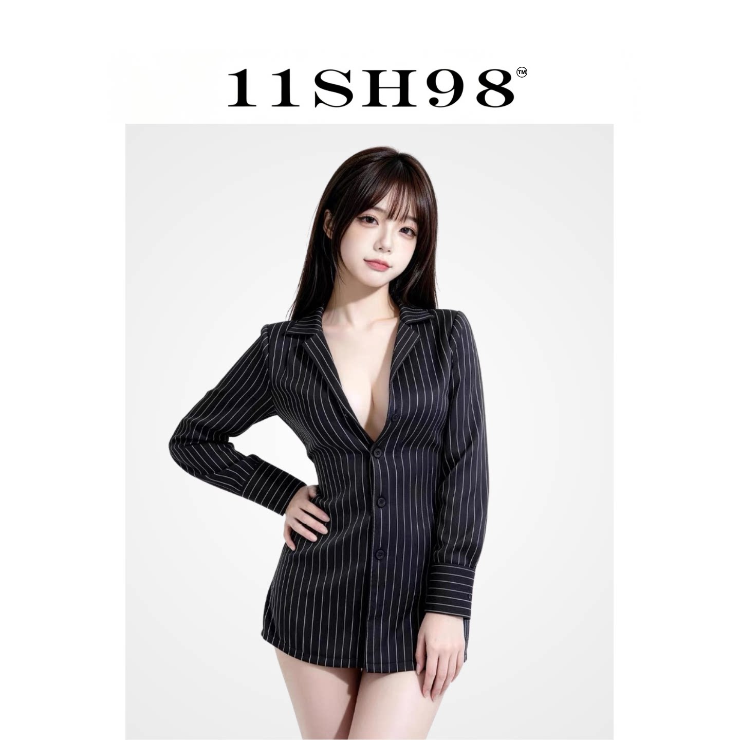11SH98 性感黑色条纹V领睡裙