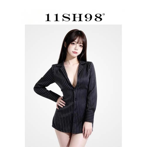 11SH98 性感黑色条纹V领收腰衬衫女长袖修身御姐睡衣睡裙情侣约会