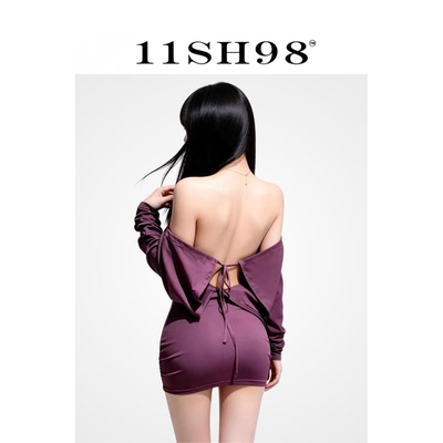 11SH98性感露背一字肩绑带睡裙女御姐风包臀睡衣纯欲约会紫色qqny