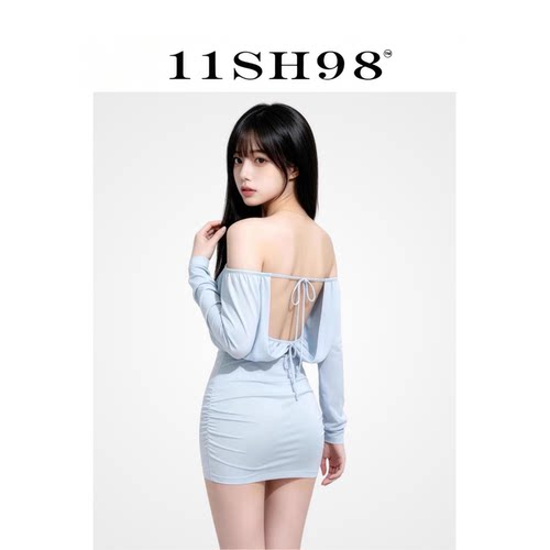 11SH98性感露背一字肩绑带睡裙女御姐风包臀睡衣纯欲约会蓝色qqny