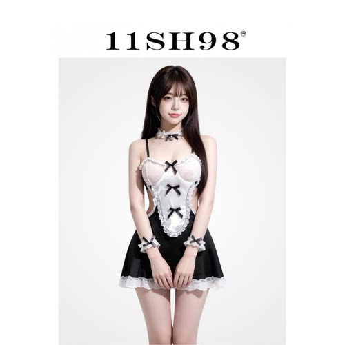 11SH98性感蕾丝拼接吊带睡裙女蝴蝶结高级感法式睡衣情调套装女仆