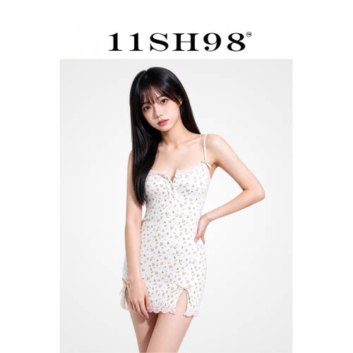 11SH98 甜美风碎花吊带睡裙女夏季可拆带胸垫V领开叉修身性感睡衣