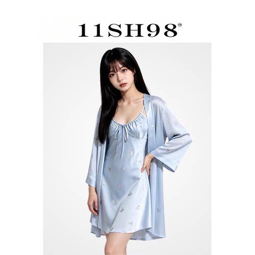 11SH98带胸垫蝴蝶印花冰丝睡裙女吊带性感睡衣套装纯欲风家居服薄
