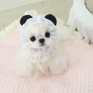 宠物猫狗长毛马尔济斯约克夏吃饭防脏头套立体耳朵小熊蕾丝