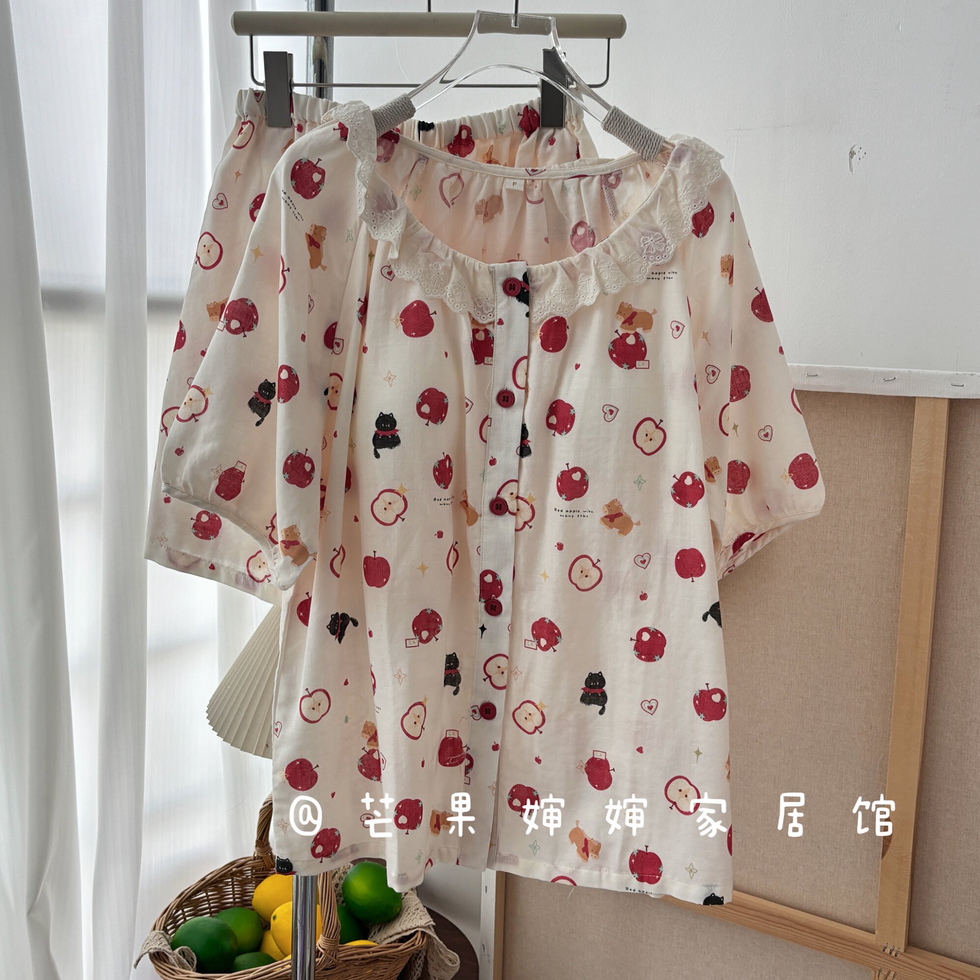 蕾丝娃娃脸棉纱短袖短裤家居服