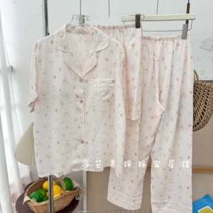 凉感莱赛尔睡衣女翻领短袖短裤长裤三件套带胸垫家居服套装可外穿
