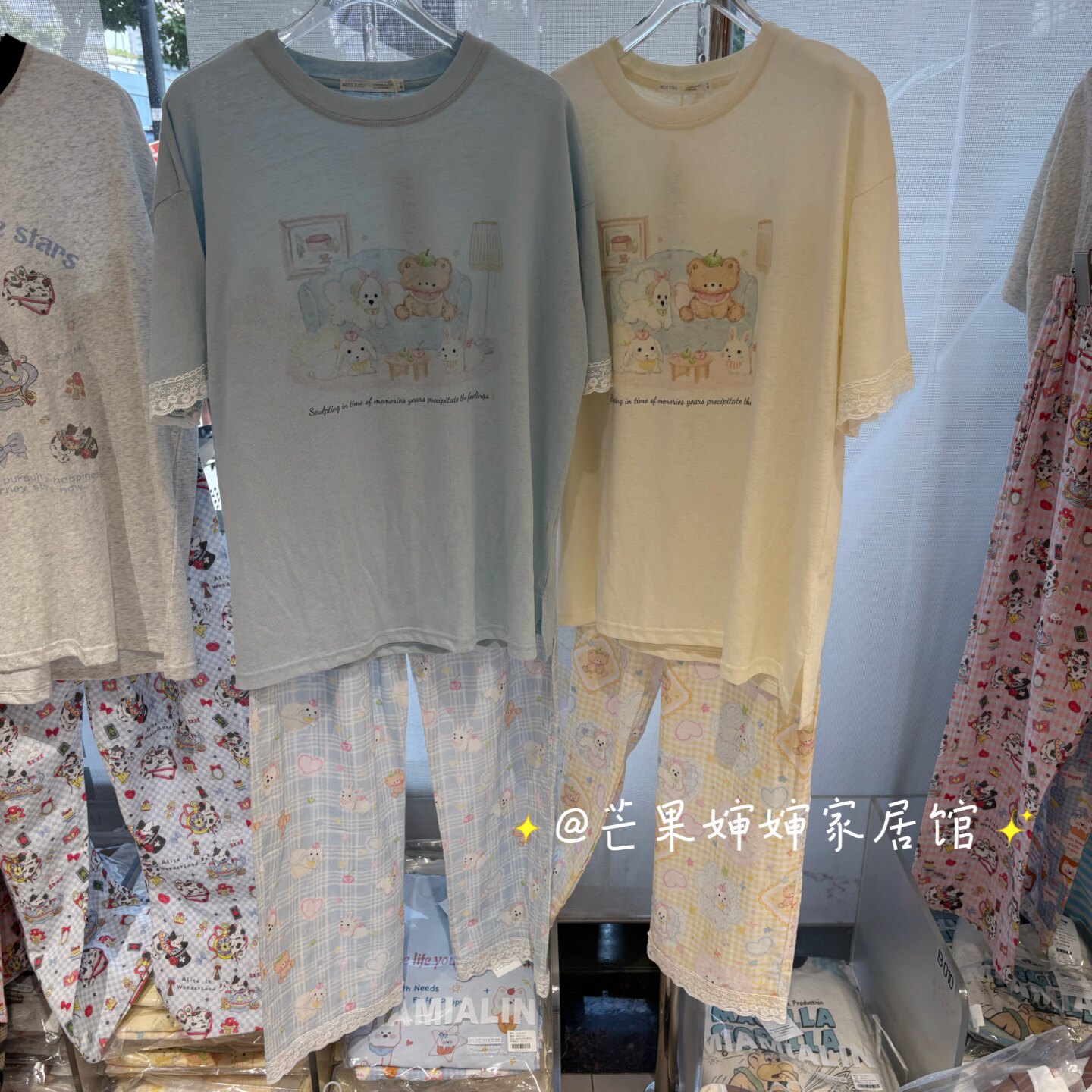 柔软的棉100%薄款可爱卡通睡衣女短袖长裤套装舒服可外穿家居服