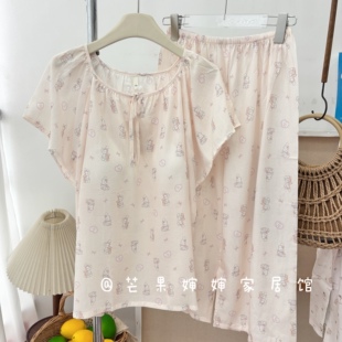 实体店福利夏凉感莱赛尔短袖七分裤睡衣女套装印花女士家居服套装