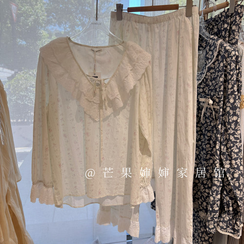 韩国品牌泡菜秋季甜美公主纯棉碎花家居服女重工花边圆领长袖套装