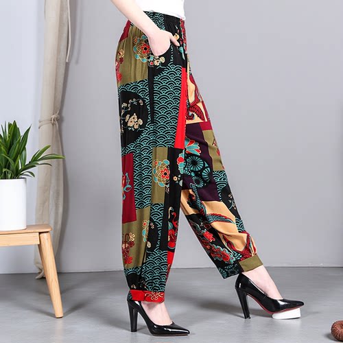 春夏中老年女高腰休闲棉绸灯笼裤