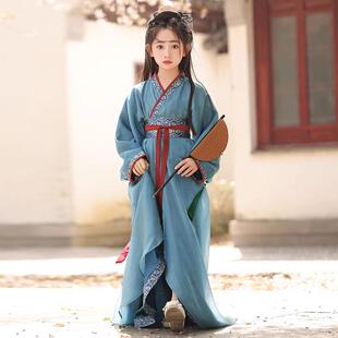 出租高端女童战国袍蓝色秋冬季复原款汉服直裾古装儿童演出服租赁