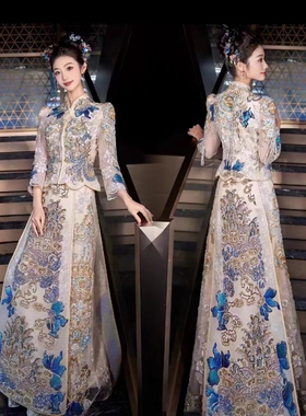 出租蓝色高端重工秀禾服2025新款中式嫁衣小个子新娘婚服全套租赁