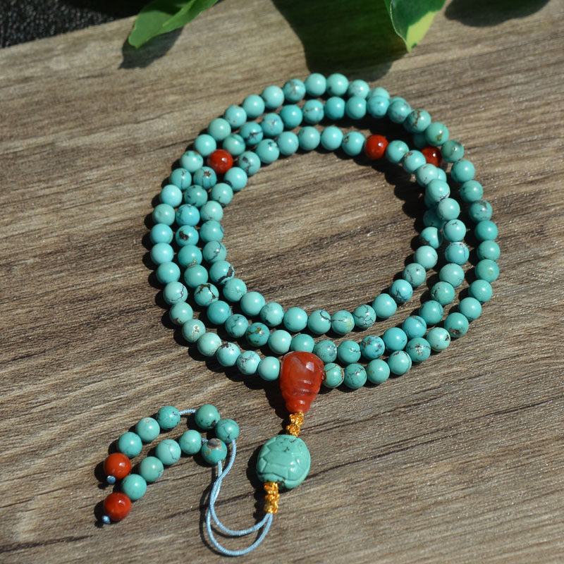 천연 크리스탈 광석 최적화되지 않은 청록색 청록색 108개 3원 팔찌 복고풍 우아한 여성 모델 4.8MM