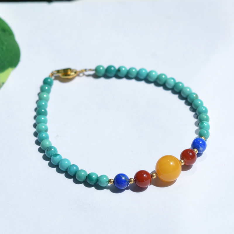 몇 줄의 청록색 청록색 팔찌 작은 입자 복고풍 이국적인 여성 모델 4.2MM와 천연 크리스탈 원시 광석 높은 도자기