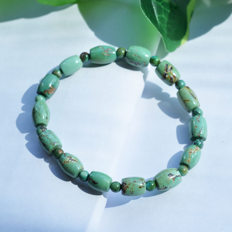남성과 여성을위한 천연 크리스탈 원시 광석 높은 도자기 최적화되지 않은 녹색 청록색 배럴 비드 팔찌 단일 원형 원래 복고풍 스타일