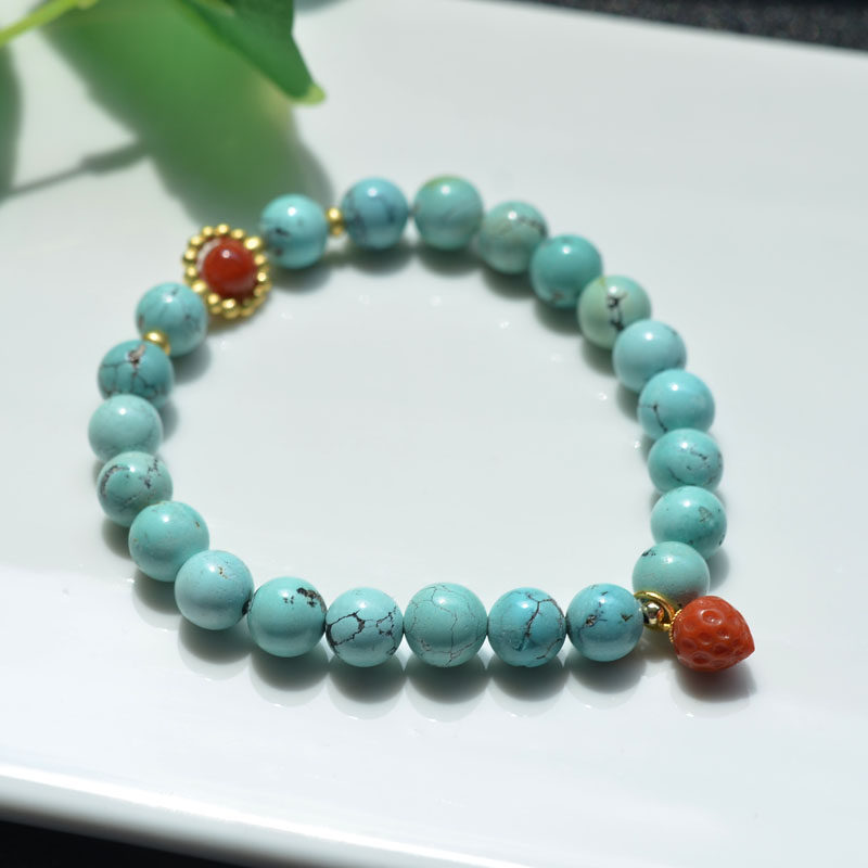단일 원과 남부 붉은 딸기가 있는 천연 크리스탈 원광석 최적화되지 않은 파란색 청록색 팔찌 단순하고 우아한 여성 스타일
